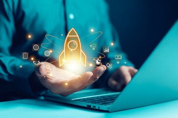 Businessman and rocket start flying up and network line connection. Startup concept Planning and...
