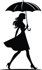 A girl walking with an Umbrella on a rainy day silhouette Vector Illustration isolated on a white background