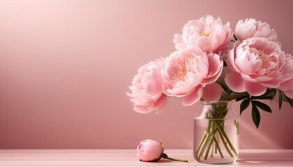 elegant pink peonies in glass vase with soft pastel background