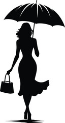 A girl walking with an Umbrella on a rainy day silhouette Vector Illustration isolated on a white background