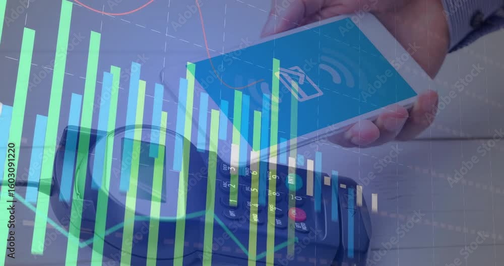Poster on touching phone to terminal, hand holding phone showing tap icon while charts animating progress