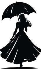 A girl walking with an Umbrella on a rainy day silhouette Vector Illustration isolated on a white background