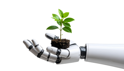 Cyber hand holding a real plant – merging digital and organic life isolated on white background. Png