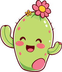 Kawaii Green Cactus with Pink Flower Cute Art
