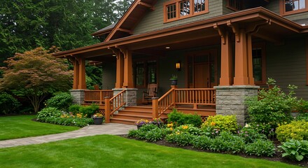 Nice curb appeal of American craftsman style house. Column porch view and freshly mowed garden lawn. Northwest, USA
