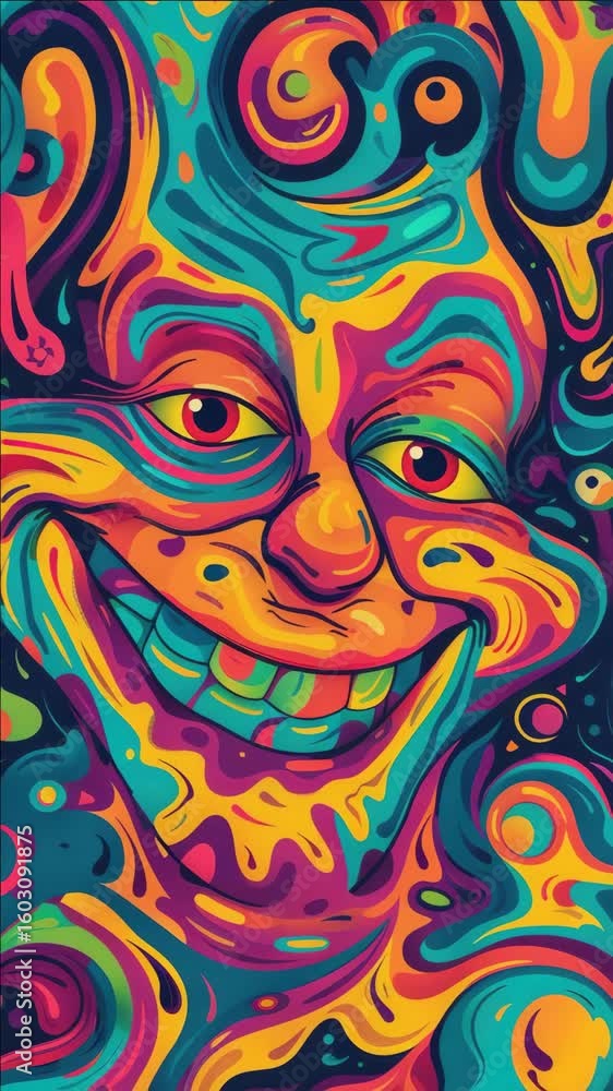 Poster a joyful illustration of a smiling face set against a vibrant cosmic background with swirling patter