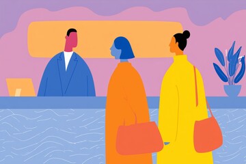 Obraz premium Flat Modern Illustration of Business Travelers Checking into Conference Hotel