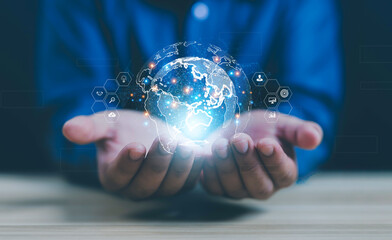 Hands showing the world of digital marketing, business concept, technology, international market, global internet connection, big data, business technology, finance, internet global, internet,	
