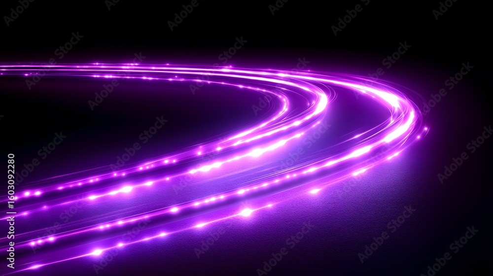 Poster purple glowing light trails in a circular pattern.
