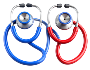 Pair of 3D Stethoscope Icons in Cartoon Plastic Style with Bright Colors, Transparent Background