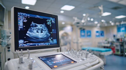 Modern medical ultrasound scanner in a brightly lit hospital diagnostic room, sleek white casing with multiple probe ports, clear monitor displaying detailed fetus scan in real-tim