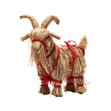 Traditional straw Yule goat with red twine, Scandinavian Christmas decoration, isolated on transparent background
