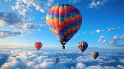 Fototapeta premium Panoramic Wide-Angle View of Colorful Hot Air Balloons Floating Above Clouds in Blue Sky with Natural Light Shadows