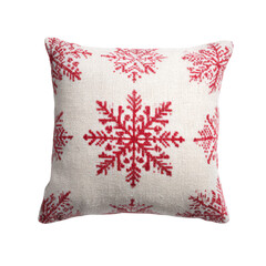 Christmas pillow with red snowflake pattern, cozy winter decor, isolated on transparent background
