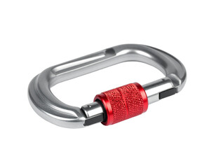 A silver and red climbing cam, a crucial piece of rock climbing protection gear, isolated on white.