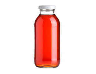 A clear glass bottle filled with vibrant red apple juice, isolated on a white background.