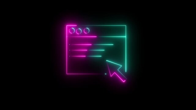 Neon web interface icons - globbing browser window design theme with cursor and controls, perfect animation video for digital navigation and web development projects.