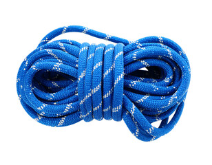 A thick, coiled blue climbing rope, vital for safety in climbing and outdoor activities, isolated...