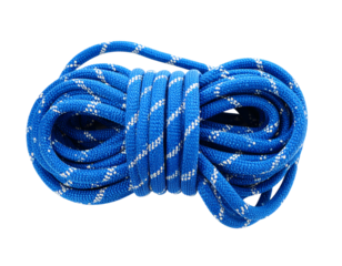 A thick, coiled blue climbing rope, vital for safety in climbing and outdoor activities, isolated on white.