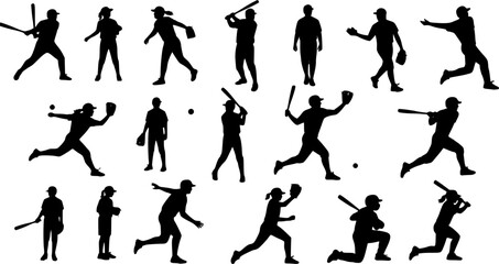 Male, female, and children's baseball player silhouettes
