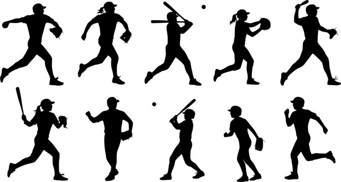 Male, female, and children's baseball player silhouettes
