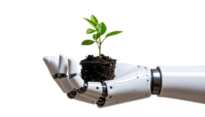 Cyber hand holding a real plant – merging digital and organic life isolated on transparent background.