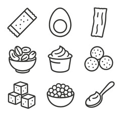 High-Protein Snack Icons. Line style icons of high-protein snacks: protein bar, hard-boiled egg, jerky strip, nut mix, Greek