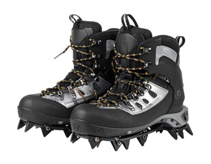 A pair of metal crampons with straps, angled view, essential traction gear for ice climbing and...