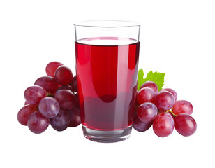 A glass of vibrant purple grape juice with fresh grapes, a refreshing and healthy drink, isolated on white.