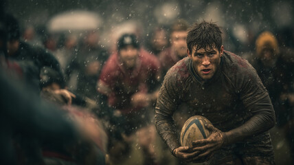 Intense rugby match with players struggling in muddy conditions during rain