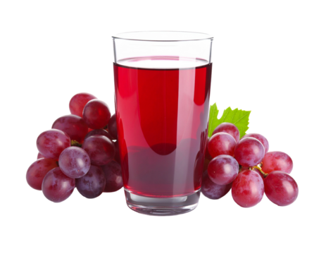 A glass of vibrant purple grape juice with fresh grapes, a refreshing and healthy drink, isolated on white.