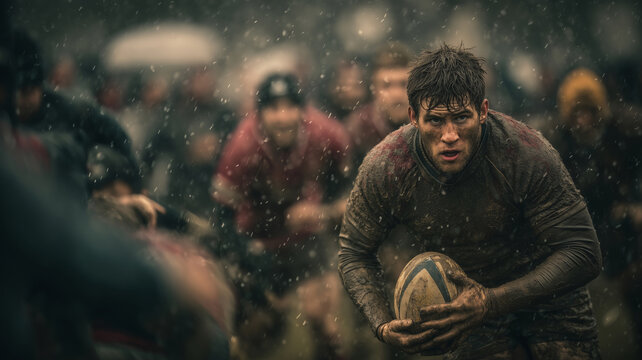 Intense rugby match with players struggling in muddy conditions during rain