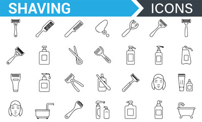 Set of Shaving and Grooming Icons for Personal Care, Razors, Brushes, and Creams
