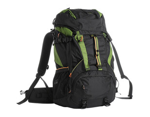A dark-colored mountaineering backpack, fully packed for an expedition, isolated on white.