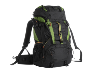 A dark-colored mountaineering backpack, fully packed for an expedition, isolated on white.