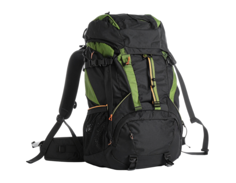 A dark-colored mountaineering backpack, fully packed for an expedition, isolated on white.