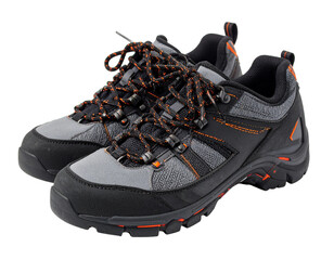 A pair of grey and yellow rock climbing shoes, designed for optimal grip, isolated on white.