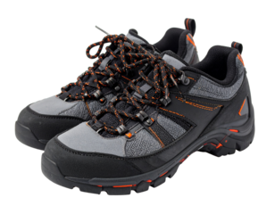 A pair of grey and yellow rock climbing shoes, designed for optimal grip, isolated on white.