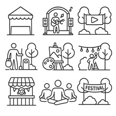 Community Park Icons. Line style icons of park events and community: farmers market tent, outdoor concert, movie night banner,