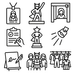 Cosplay Event Icons. Line style icons of cosplay event participation: convention badge, character pose on stage, photo booth icon,