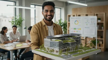 An architect proudly showcases a scale model of an urban project while colleagues brainstorm ideas - Powered by Adobe