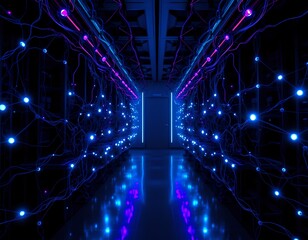 Intricate network pathways, highlighted by glowing lights, create a mesmerizing display within the server room.