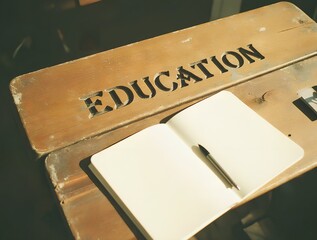 A weathered wooden desk, the word "EDUCATION" carved into its surface, sits ready for learning.