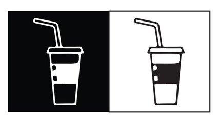 Minimalist line art icon of a takeaway beverage cup with a straw, presented in black and white variations. Simple vector illustration of a soft drink to-go.