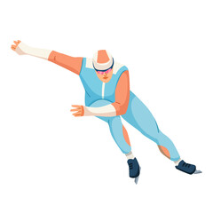Male speed skater in aerodynamic pose wearing blue sports suit and helmet, flat graphic style, isolated on white background. Concept of winter sports activity. Vector illustration