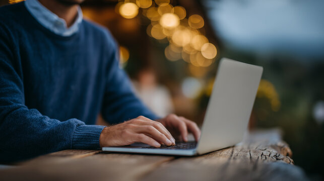 Freelance copywriter sitting at rustic wood table near cafÃ© bar, laptop open, fingers mid-type, creative energy in the air, natural textures and moody lighting create ideal atmosph