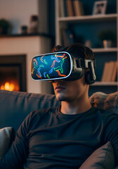 A male adult wears a virtual reality headset with vibrant abstract patterns on the screen, creating an immersive digital experience