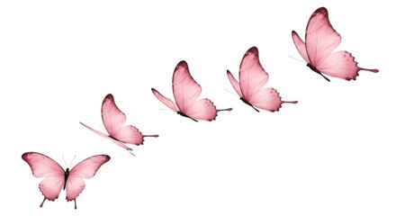 Sequence of pink butterflies in flight isolated on white background