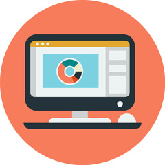 Flat design illustration of a computer monitor displaying a pie chart.