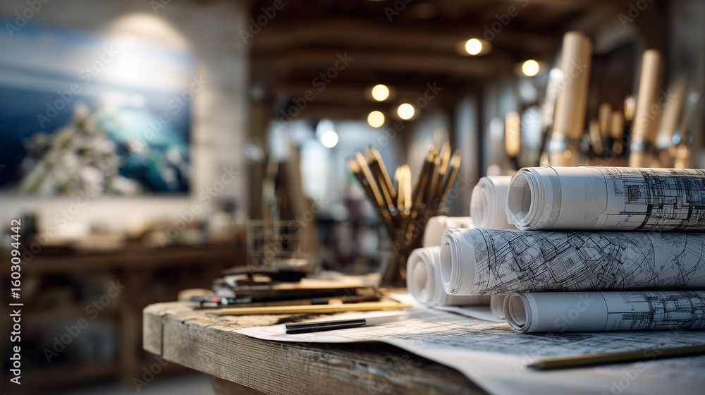 Poster rolled architectural blueprints stacked neatly on a wooden drafting table, unfurled technical drawin